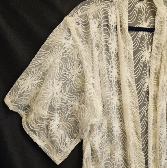 Kimono Duster Cardigan Med Lace Sheer Long Off White Gypsy Boho Western Peasant - Picture 4 of 12